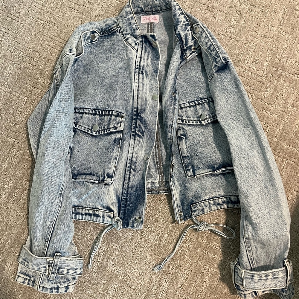 Moto Denim Jacket with Drawstring Details